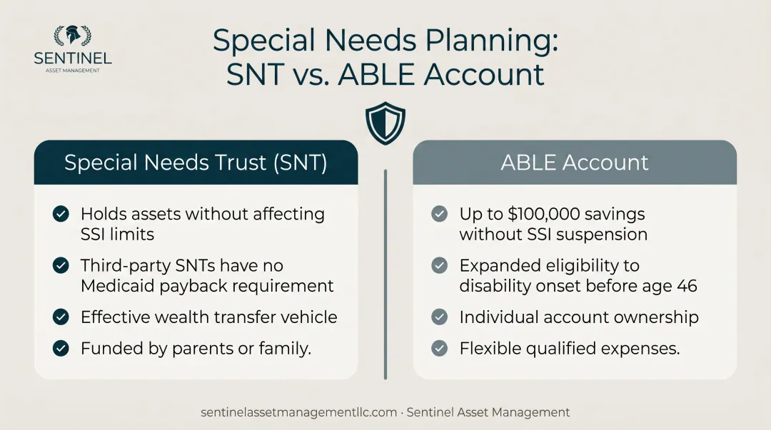 Special Needs Trust versus ABLE account features and eligibility side-by-side comparison chart