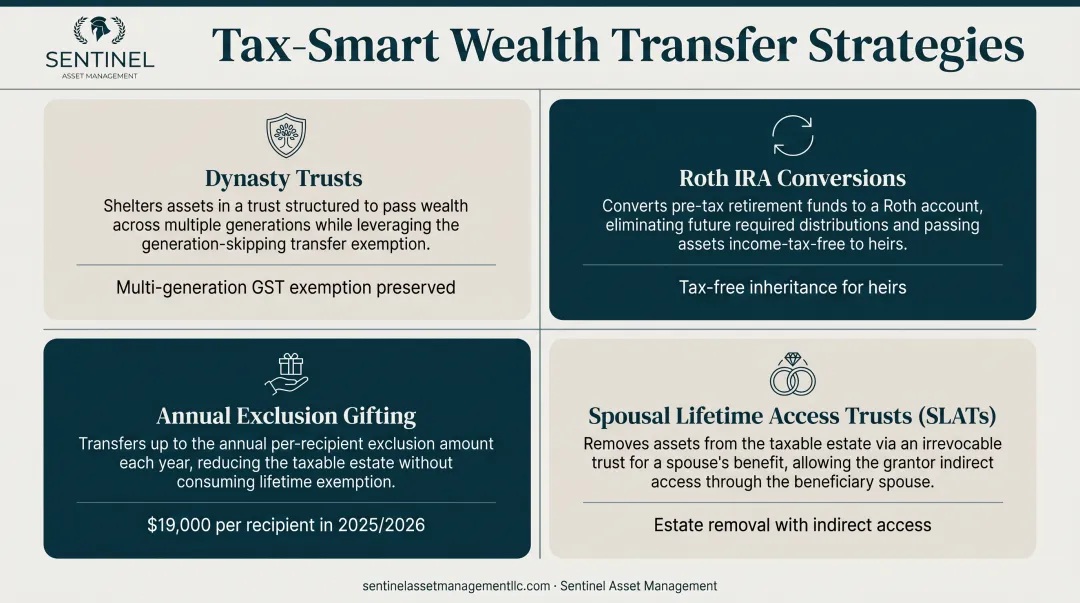 Four tax-efficient wealth transfer strategies comparison dynasty trusts Roth IRA SLATs gifting