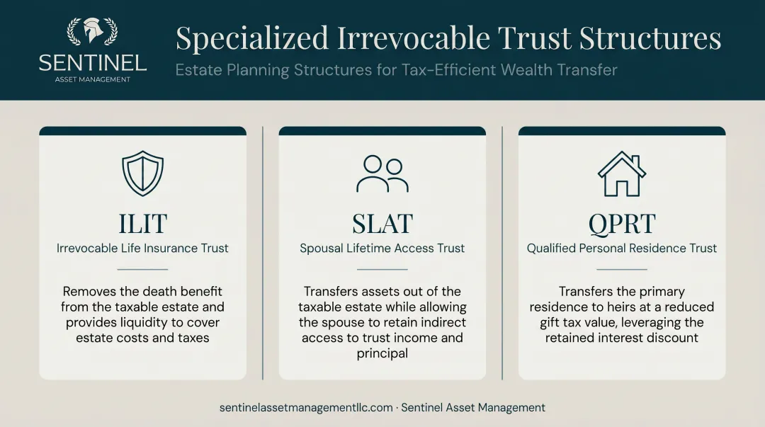 Three specialized irrevocable trust types ILIT SLAT QPRT compared side by side