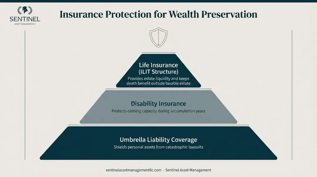Three-layer wealth protection insurance coverage life disability and umbrella policies