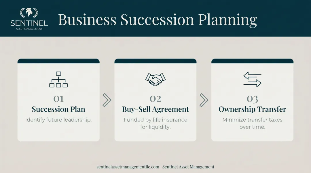 Business succession planning three essential components process flow infographic