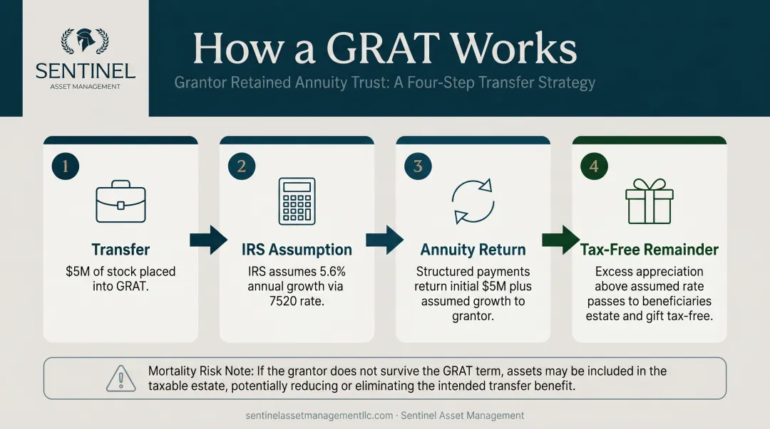 GRAT four-step process showing asset transfer and tax-free appreciation flow