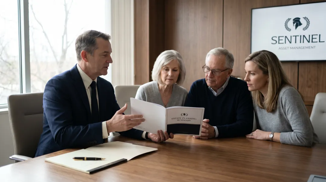Financial advisor meeting with multi-generational family to review legacy transfer plan