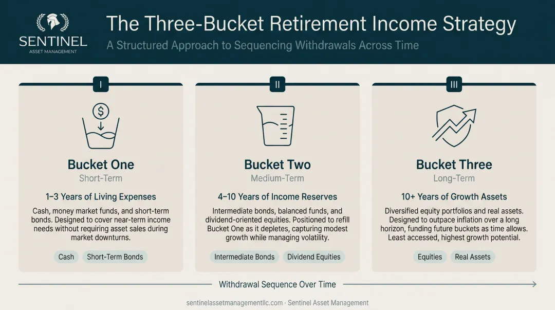 Three-bucket retirement income strategy diagram short medium and long term assets