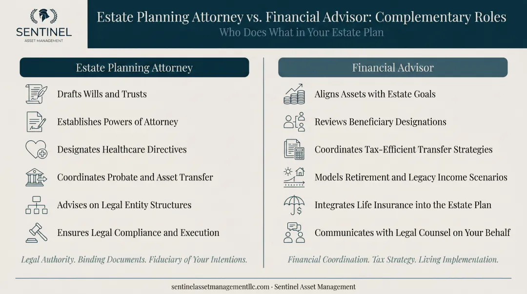 Estate planning attorney versus financial advisor complementary roles division of responsibilities comparison
