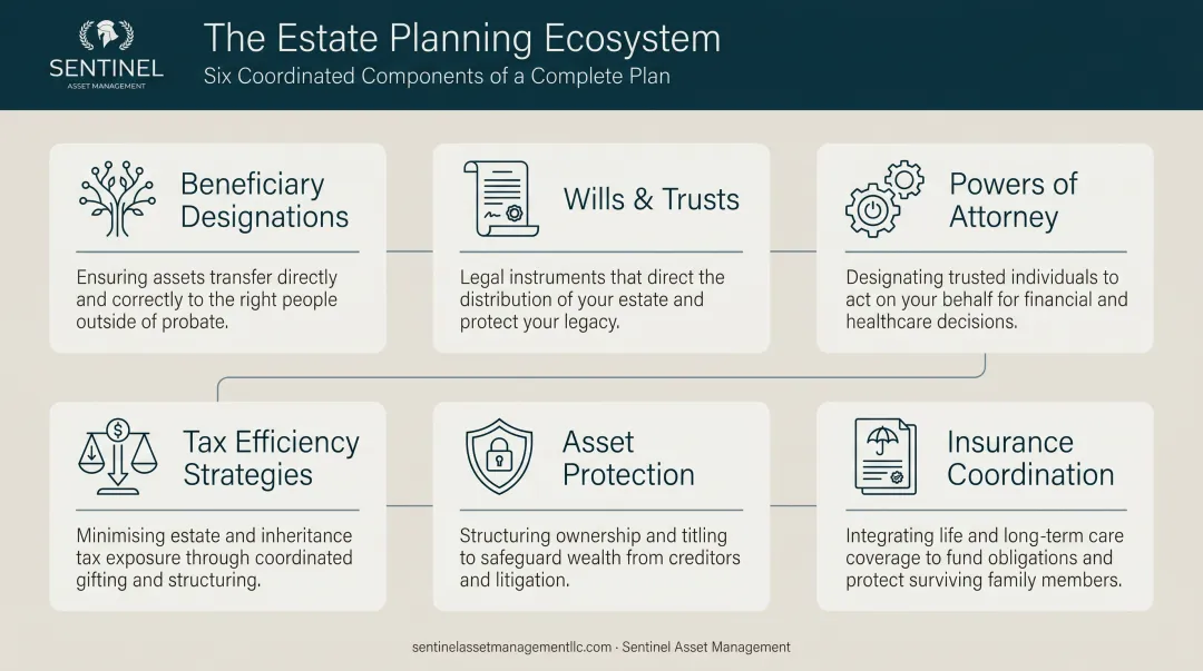 Complete estate planning ecosystem six components beneficiary to insurance coordination