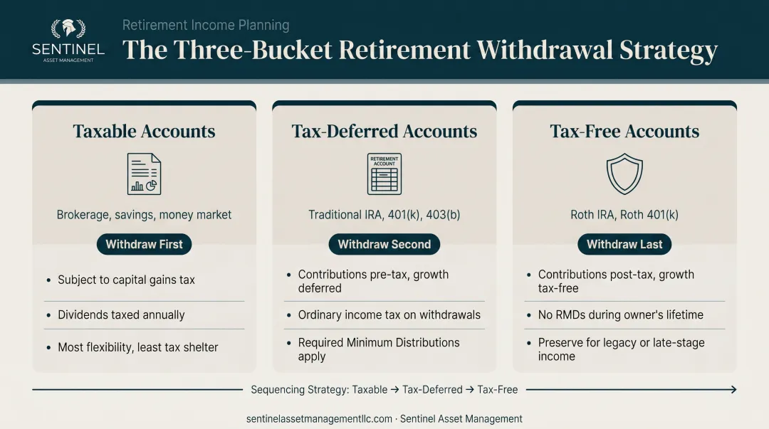 Three-bucket retirement withdrawal strategy taxable tax-deferred tax-free accounts sequencing