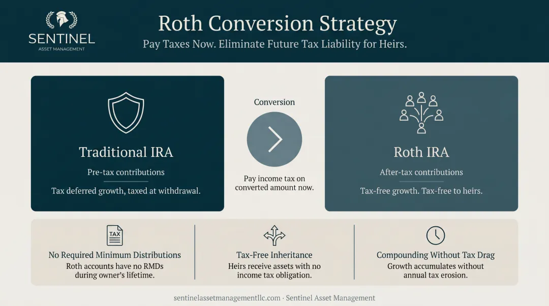 Roth conversion strategy benefits pay taxes now eliminate future tax liability for heirs