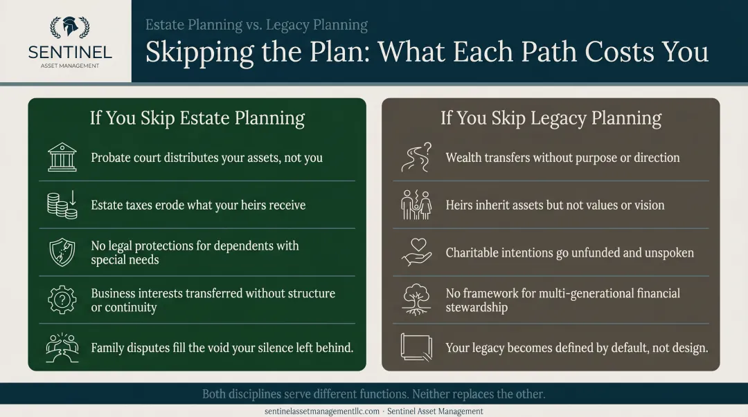 Consequences of skipping estate planning versus legacy planning dual-risk comparison chart