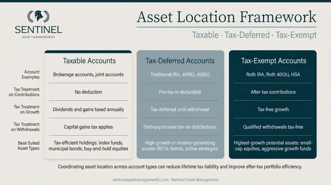 Three account types asset location framework taxable tax-deferred tax-exempt comparison