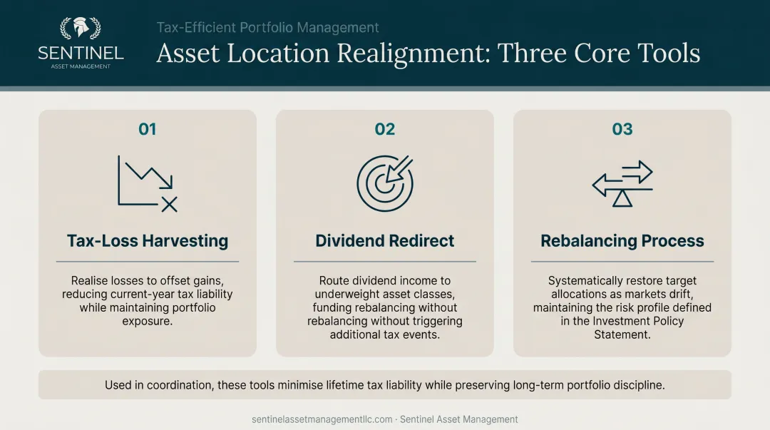 Three asset location realignment tools tax-loss harvesting dividend redirect rebalancing process