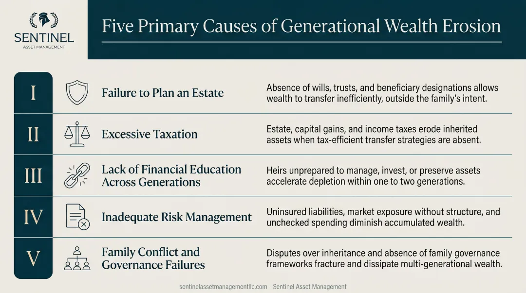 Five primary causes of generational wealth erosion infographic breakdown