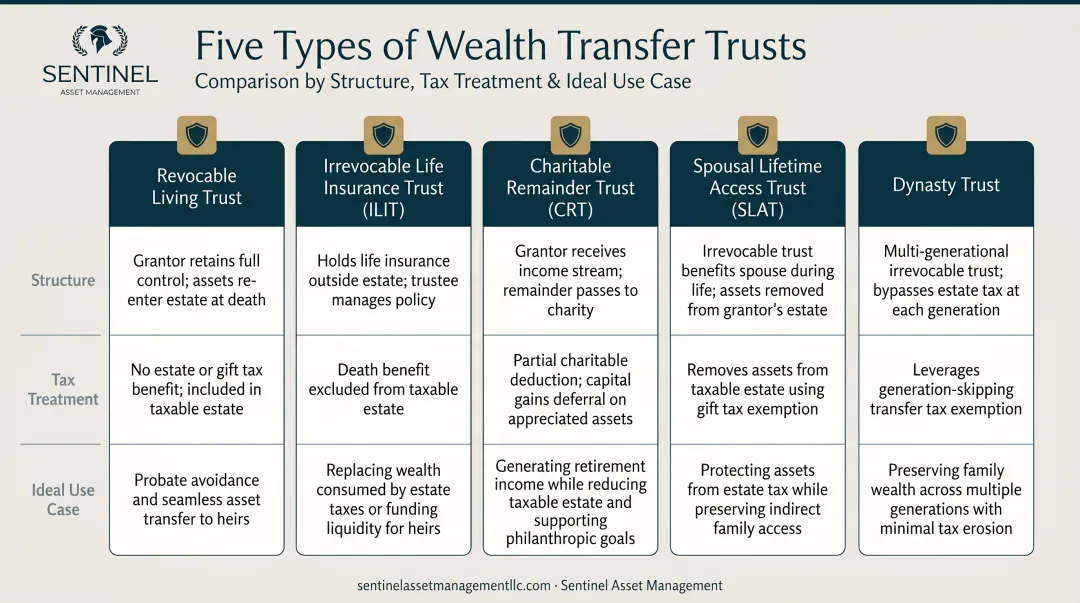 Five types of wealth transfer trusts comparison chart with use cases