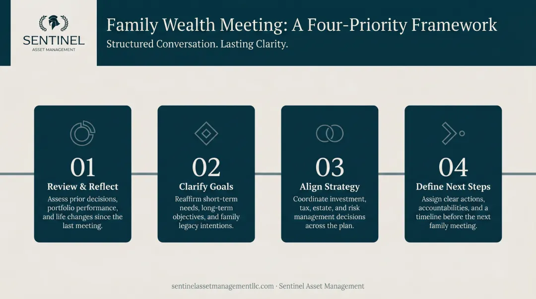 Four-priority family wealth meeting structure process flow diagram