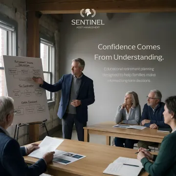 Financial advisor presenting retirement planning concepts on a whiteboard
