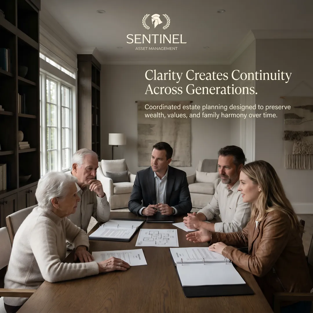 Multi-generational family reviewing estate planning documents together