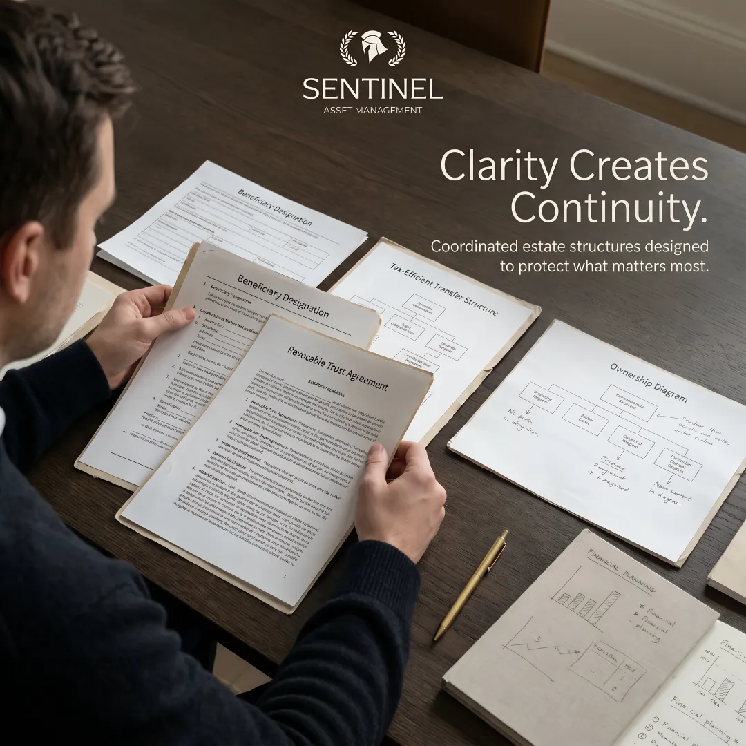Estate planning documents including wills, trusts, and beneficiary forms