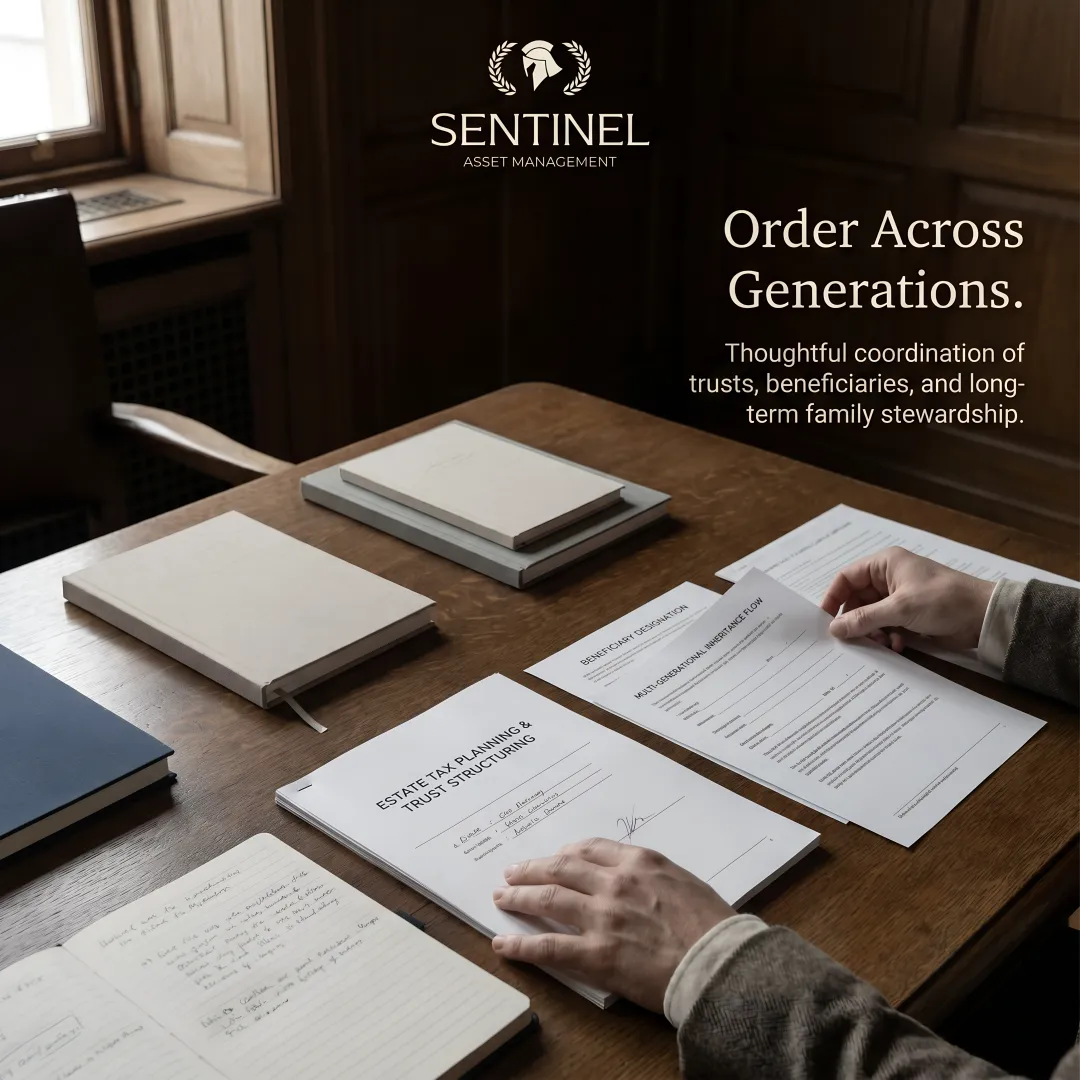 Estate planning documents showing trust structures and tax strategies