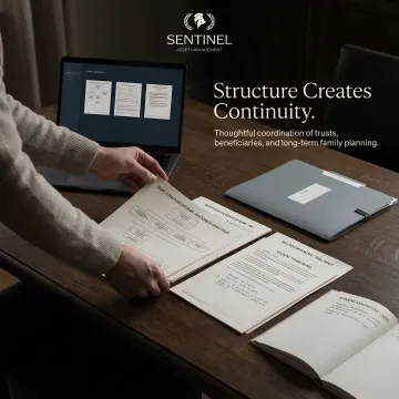 Estate planning advisor consulting with family reviewing trust documents and digital planning tools