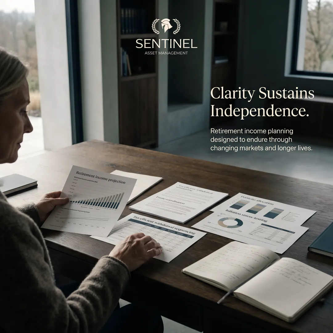 Detailed financial planning documents with retirement income projections, investment charts, and tax strategy graphs spread across a desk