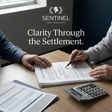 Client reviewing financial settlement documents with advisor guidance