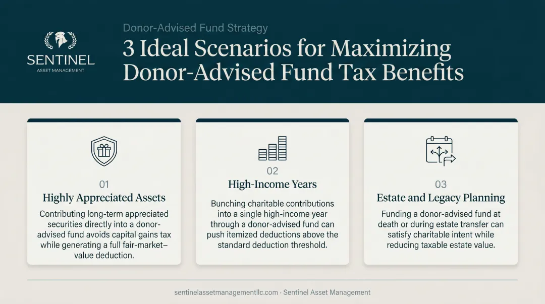 Three ideal scenarios for maximizing donor-advised fund tax benefits infographic