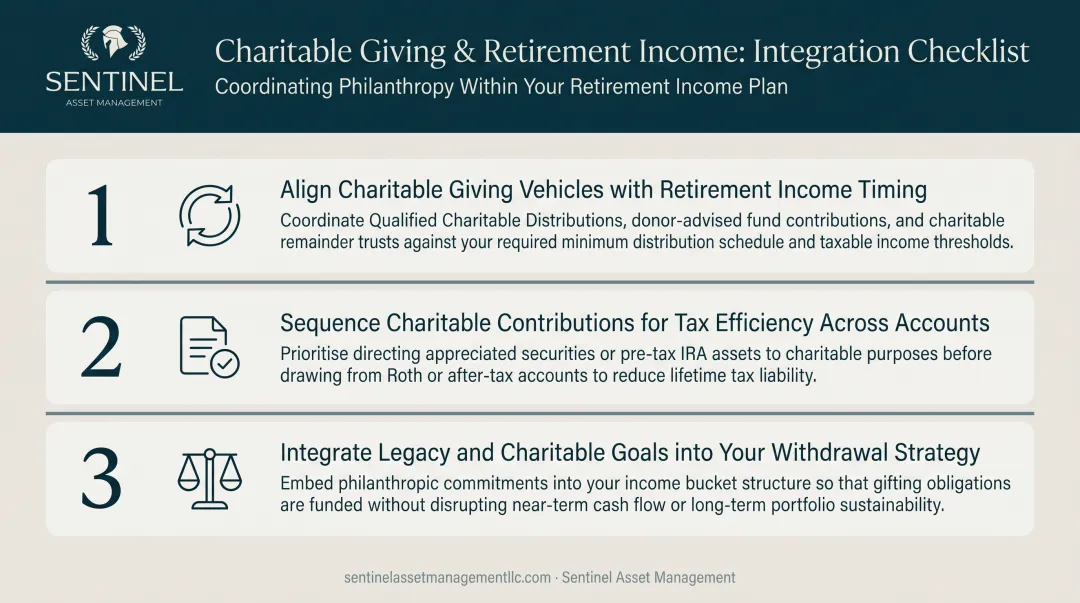 Three-point charitable giving and retirement income integration coordination checklist infographic
