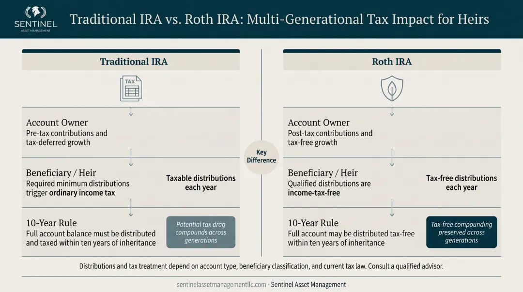 Traditional IRA versus Roth IRA multi-generational tax impact comparison for heirs infographic