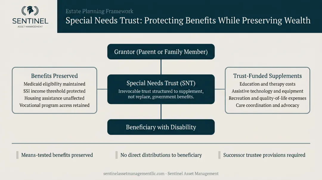 Special needs trust structure protecting government benefit eligibility for dependent beneficiaries infographic