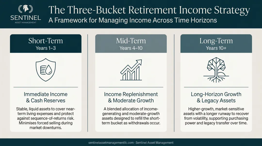 Three-bucket retirement income strategy segmented by short mid and long-term time horizons