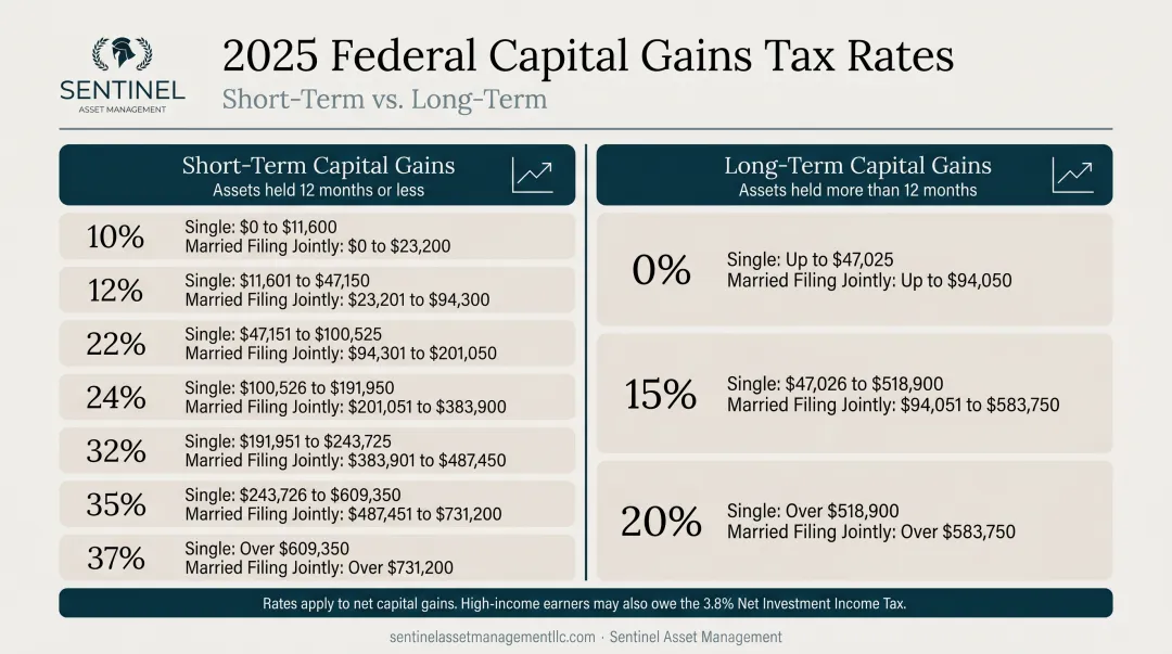 2025 federal capital gains tax rates short-term versus long-term comparison infographic
