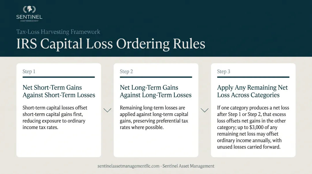 IRS capital loss ordering rules three-step process flow diagram for tax-loss harvesting