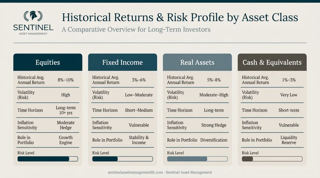 Four asset classes historical returns and risk profile comparison infographic
