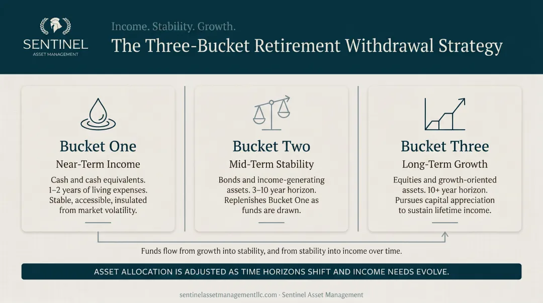 Three-bucket retirement withdrawal strategy near mid and long-term asset allocation