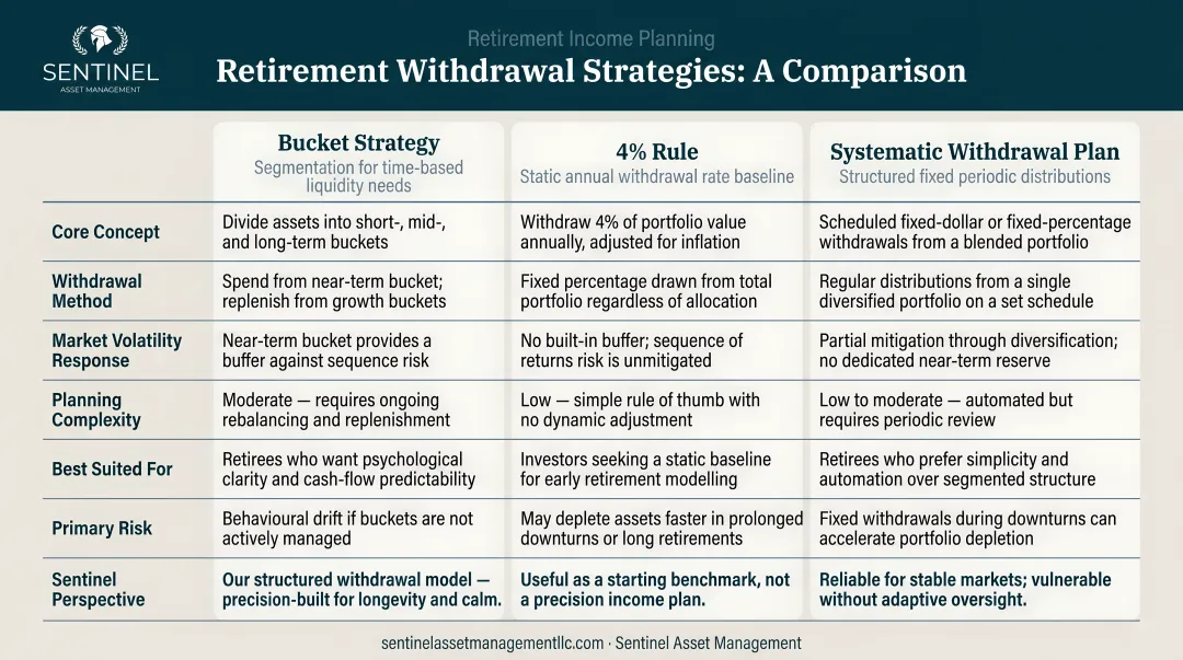 Bucket strategy versus 4 percent rule versus systematic withdrawal plan comparison chart