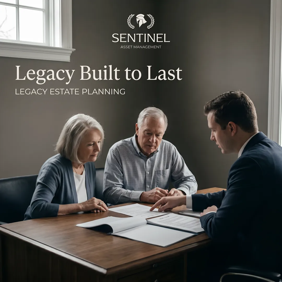Senior couple discussing legacy planning with advisor reviewing trust documents