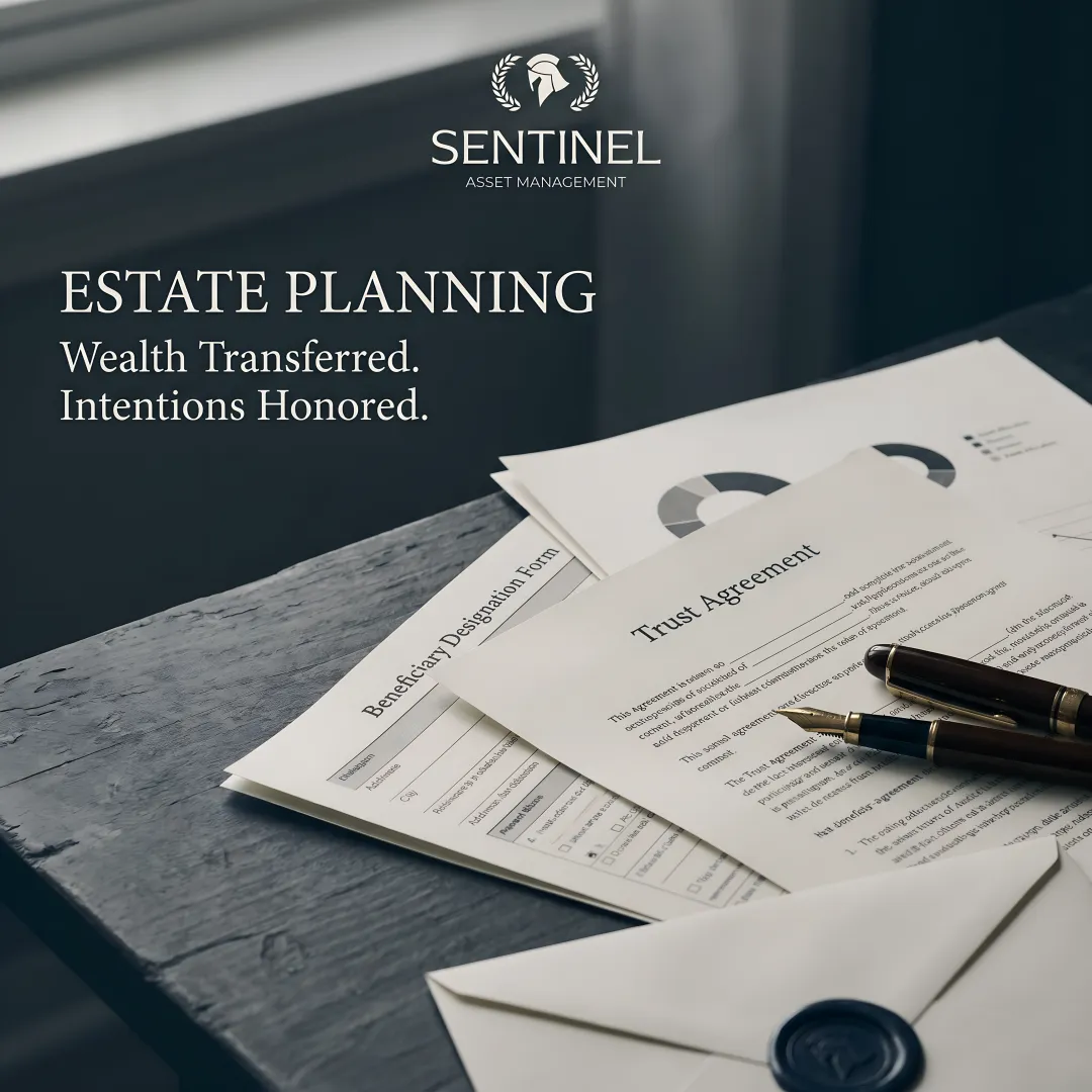 Organized estate planning documents with tax-efficient asset distribution charts