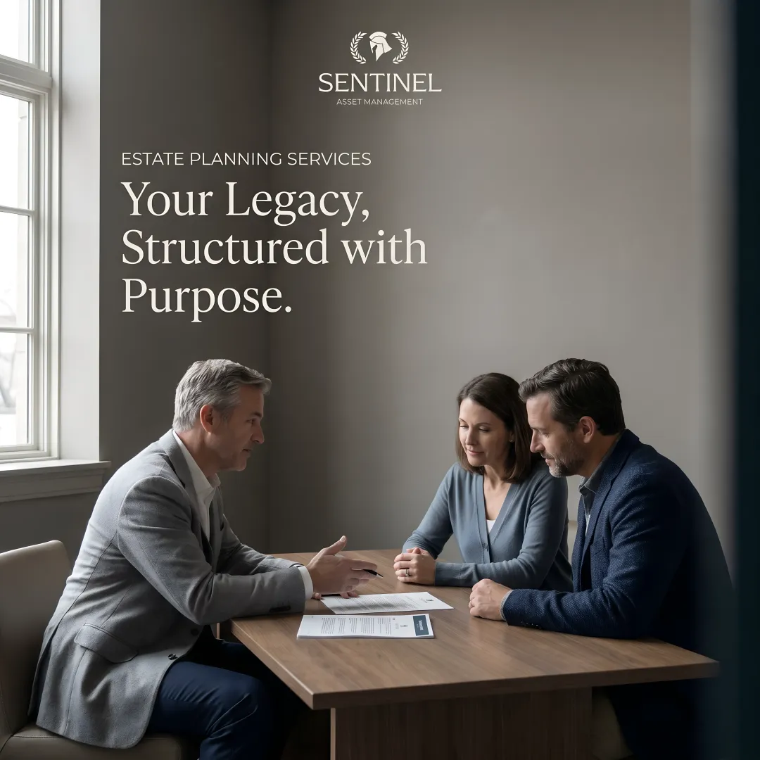 Financial advisor explaining estate planning documents to a couple in a modern office