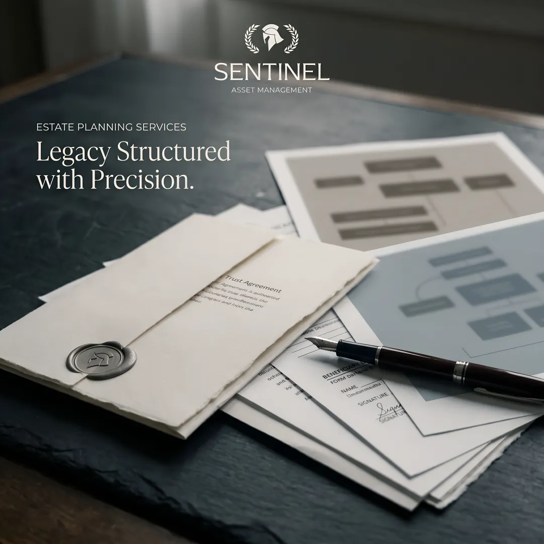 Estate planning documents showing trust structures and tax optimization strategies