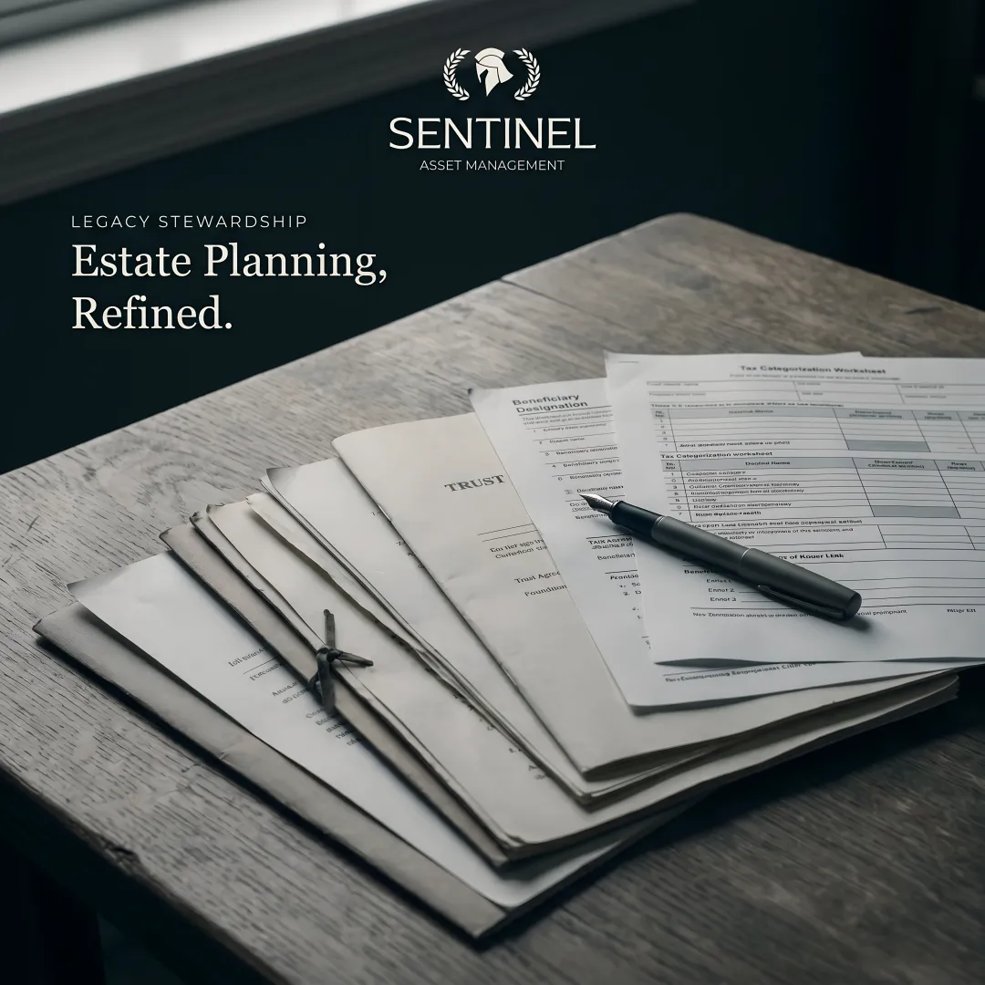 Open estate planning binder with organized legal documents and financial statements