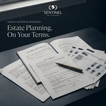 Estate planning documents including will, trust agreement, and financial statements on desk