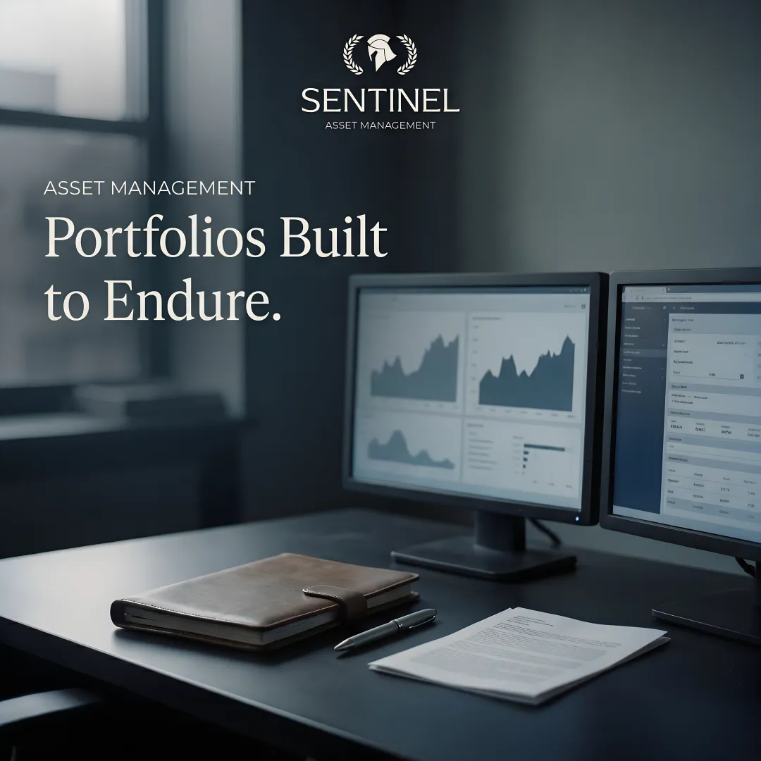 Financial charts and investment portfolio analysis displayed on multiple monitors