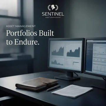 Financial charts and investment portfolio analysis displayed on multiple monitors
