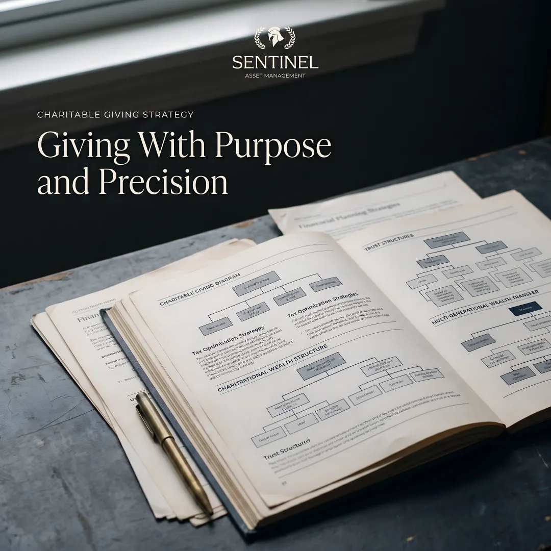 Financial documents showing charitable giving strategies, tax planning charts, and legacy distribution structures on a desk
