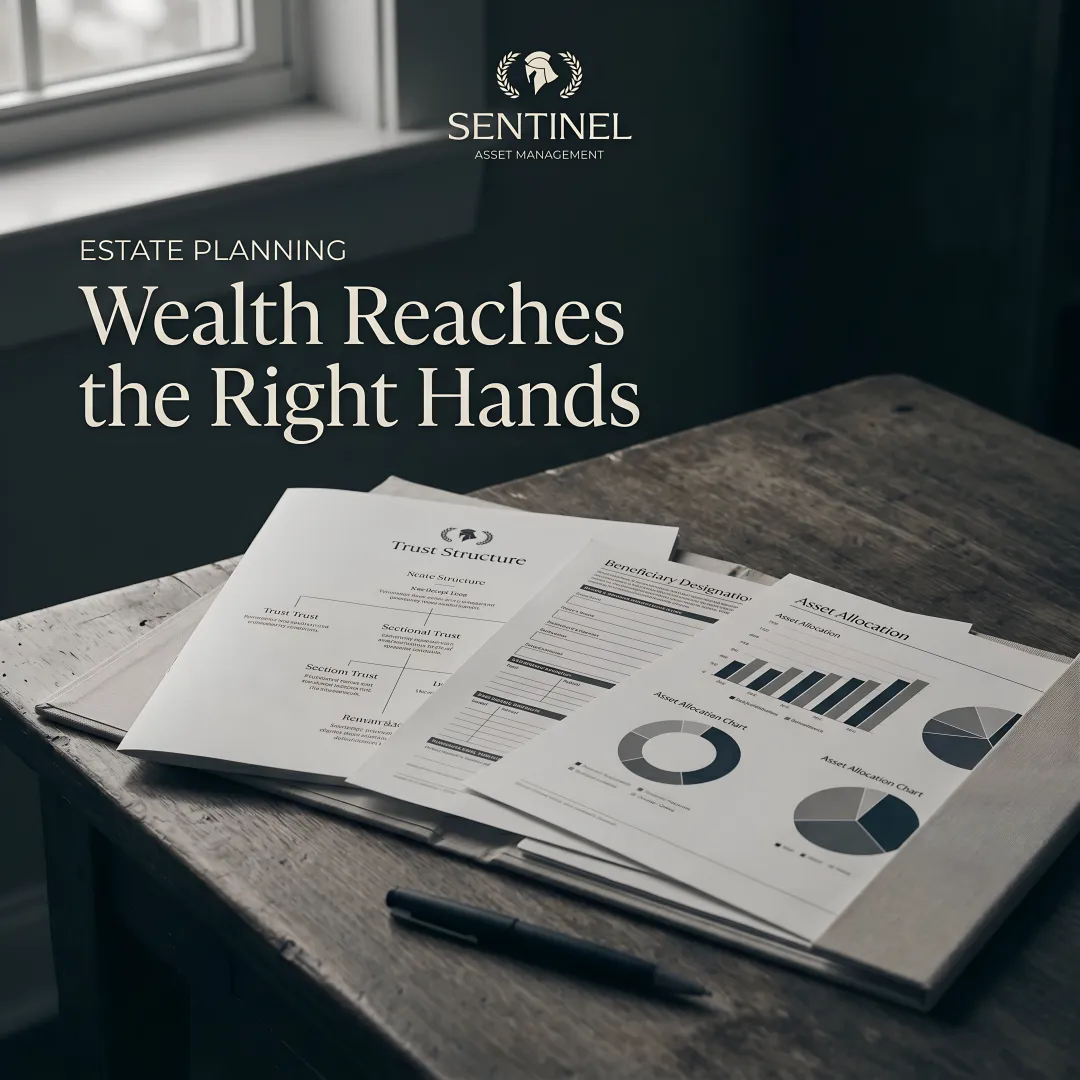 Estate planning strategy session with financial documents and wealth transfer diagrams