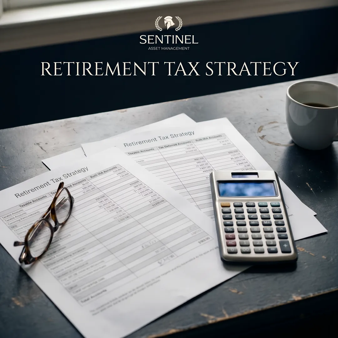 Retirement planning documents showing tax-deferred and tax-free account strategies with calculator and glasses