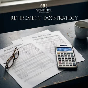 Retirement planning documents showing tax-deferred and tax-free account strategies with calculator and glasses