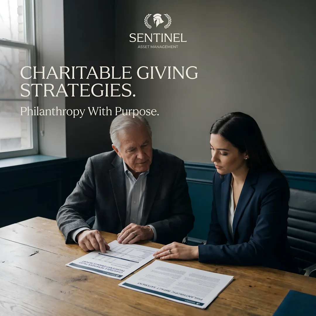 High-net-worth individual reviewing charitable trust portfolio with financial advisor