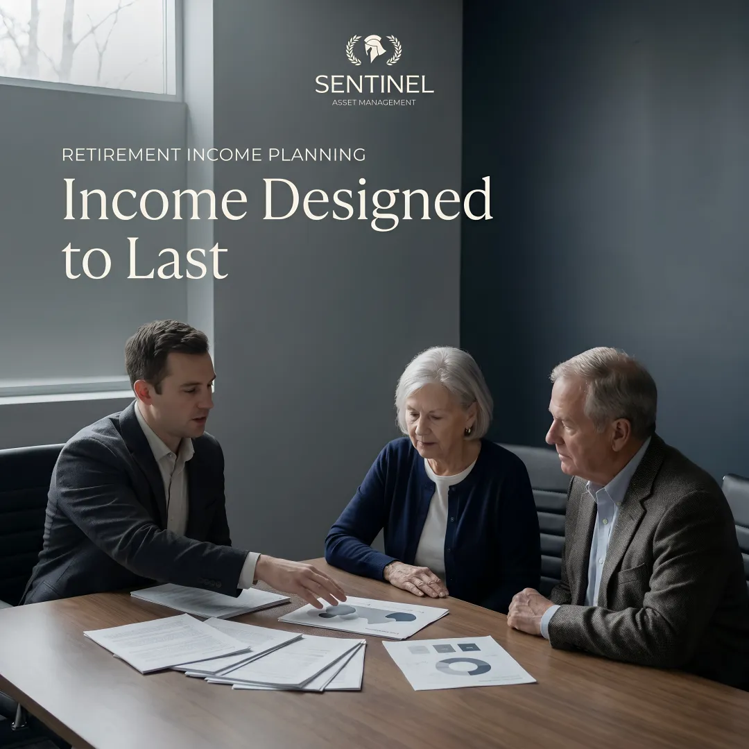 Senior couple reviewing personalized retirement income plan with financial charts