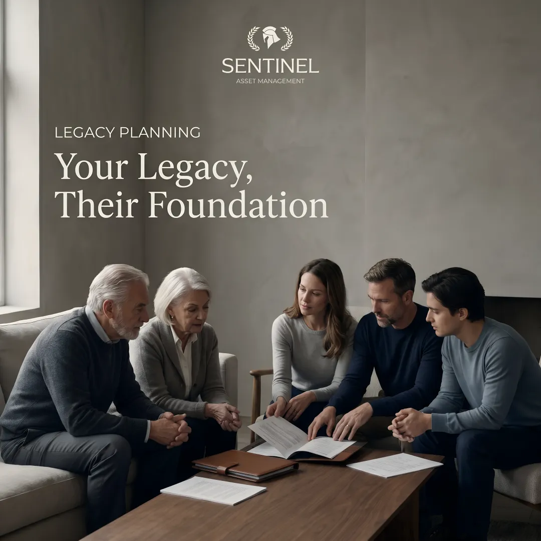 Family of three generations reviewing legacy planning documents together in comfortable home setting